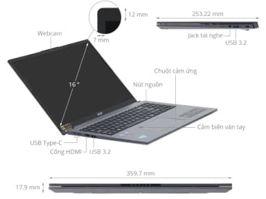 Laptop Acer Aspire 16 AI A16 71M 59L5 - NX.J4YSV.001 (Ultra 5 125H, 16GB, 512GB, Full HD+, Win11) - 11