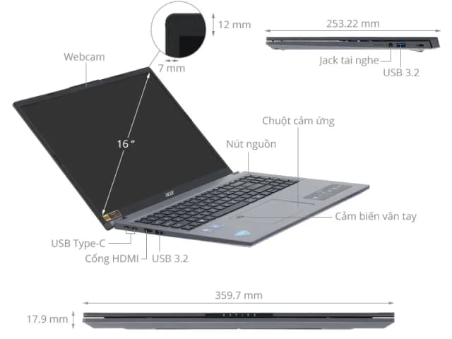 Laptop Acer Aspire 16 AI A16 71M 59L5 - NX.J4YSV.001 (Ultra 5 125H, 16GB, 512GB, Full HD+, Win11) - 11