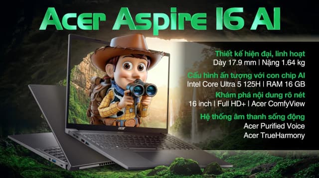 Laptop Acer Aspire 16 AI A16 71M 59L5 - NX.J4YSV.001 (Ultra 5 125H, 16GB, 512GB, Full HD+, Win11) - 17