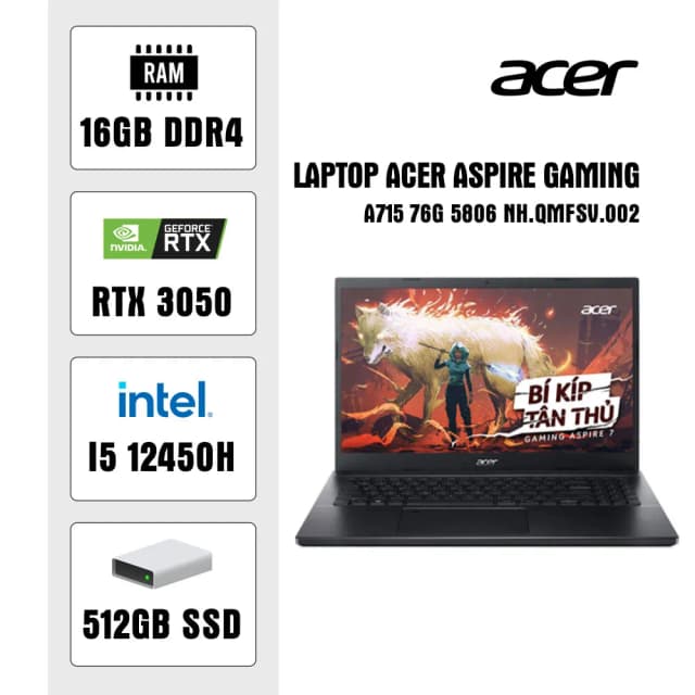 Laptop Acer Gaming Aspire 7 A715 76G 5806 - NH.QMFSV.002 (i5 12450H, 16GB, 512GB, RTX 3050 4GB, Full HD 144Hz, Win11) - 12