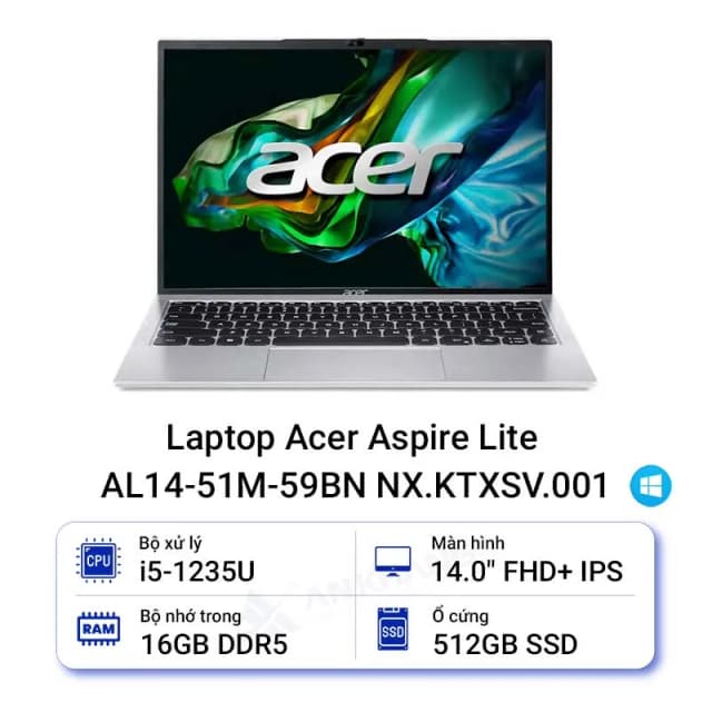Laptop Acer Aspire Lite 15 AL15 71P 517D - NX.J7KSV.001 (i5 12450H, 16GB, 512GB, Full HD, Win11) - 12