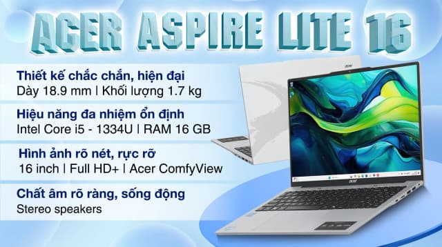 Laptop Acer Aspire Lite 16 G2 AL16 52P 572A - NX.J2SSV.004 (i5 1334U, 16GB, 512GB, Full HD+, Win11) - 3