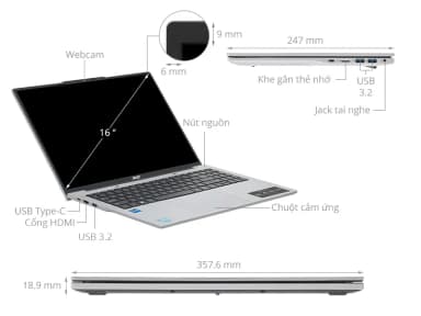 Laptop Acer Aspire Lite 16 G2 AL16 52P 572A - NX.J2SSV.004 (i5 1334U, 16GB, 512GB, Full HD+, Win11) - 6