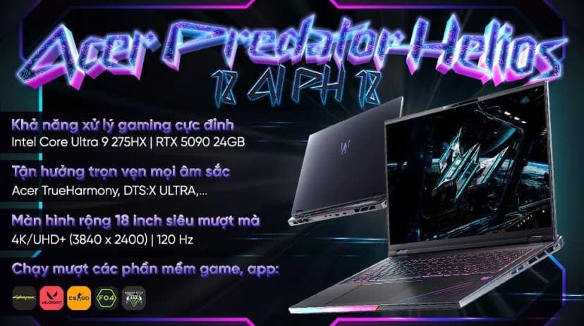 Laptop Acer Gaming Predator Helios 18 AI PH18 73 98AQ - NH.QVWSV.001 (Ultra 9 275HX, 192GB, 6TB, RTX 5090 24GB, 4K 120Hz, Win11 Pro) - Giá rẻ nhất hôm nay - Ảnh 2
