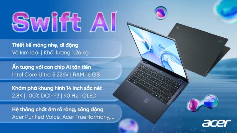 Laptop Acer Swift AI SF14 51 53P9 - NX.J2KSV.002 (Ultra 5 226V, 16GB, 1TB, 2.8K OLED 90Hz, Win11) - Giá rẻ nhất hôm nay - Ảnh 3