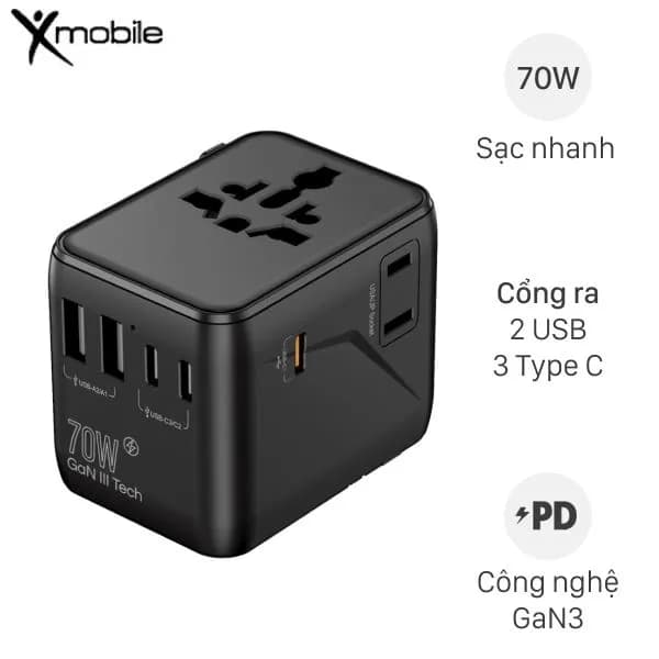 Sạc nhanh 5 cổng USB Type-C PD GaN3 70W Xmobile 1006SDVR - Ảnh 11