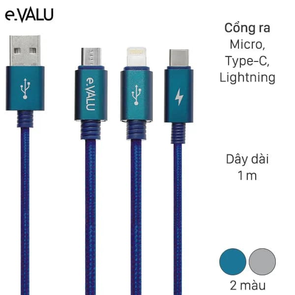 Cáp sạc và truyền dữ liệu 3 đầu USB-A - Type-C Lightning Micro USB 15W 1m eValu Spanker B 2 - Ảnh 13