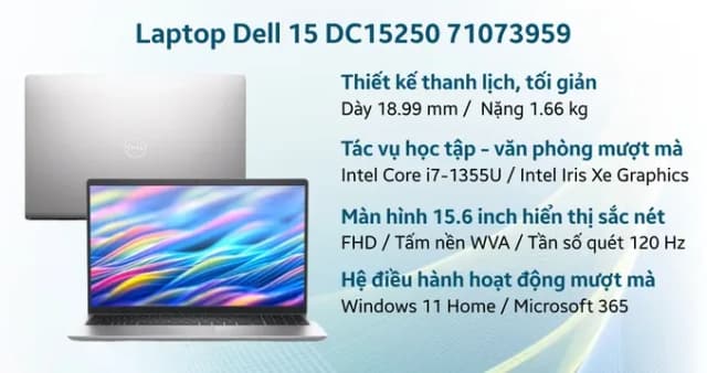 Laptop Dell 15 DC15250 - DC15250-i7U161W11SLU (i7 1355U, 16GB, 1TB, Full HD 120Hz, OfficeH24+365, Win11) - 14