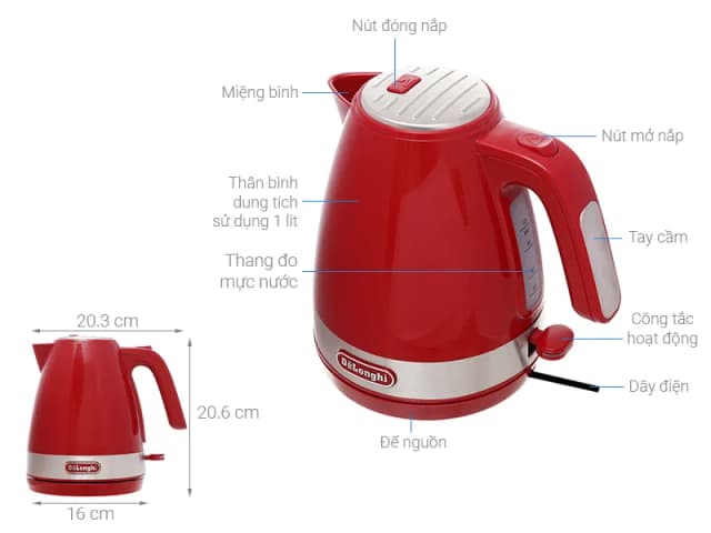 Bình đun siêu tốc Delonghi 1 lít KBLA2000.R - Ảnh 22