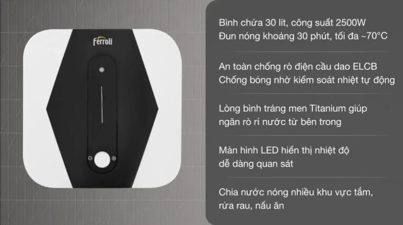 Máy nước nóng gián tiếp Ferroli 30 lít 2500W MIDO SQ - Giá rẻ nhất hôm nay - Ảnh 1