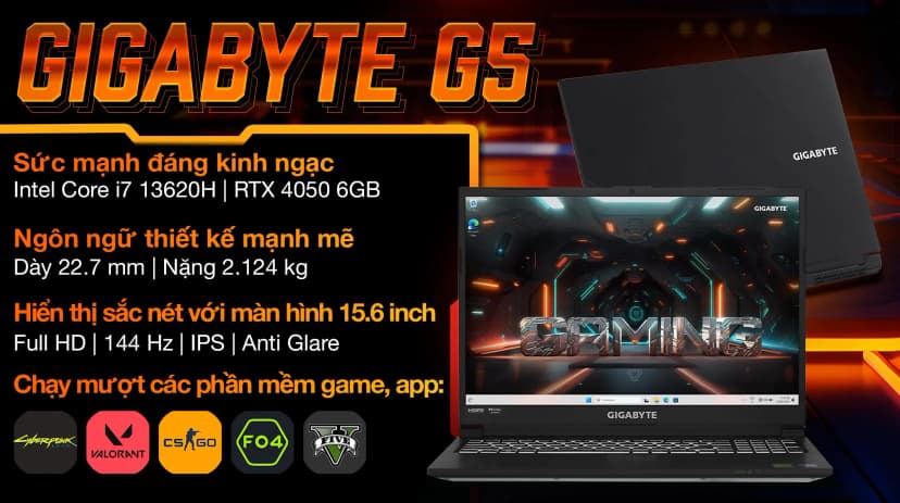 Laptop GIGABYTE Gaming G5 MF5 RC555 - 9RC55MF5FJIINIVN000 (i7 13620H, 16GB, 512GB, RTX 4050 6GB, Full HD 144Hz, Win11) - Giá rẻ nhất hôm nay - Ảnh 1