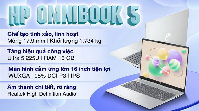Laptop HP OmniBook 5 AI 16 af1046TU - BZ7Q8PA (Ultra 5 225U, 16GB, 512GB, WUXGA, Cảm ứng, OfficeH24, Win11) - Giá rẻ nhất hôm nay - Ảnh 3