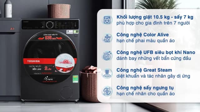So sánh giá Máy giặt sấy Toshiba Inverter giặt 10.5 kg - sấy 7 kg TWD-T25BZU115MWV(MG) rẻ nhất? - Ảnh 5