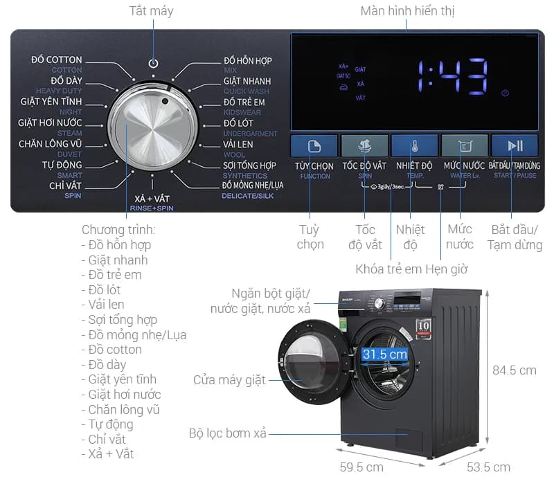 Máy giặt Sharp Inverter 9 kg ES-FM90CB-SB - Giá rẻ nhất hôm nay - Ảnh 5