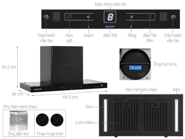 Máy hút mùi áp tường Sunhouse SHB72103-MD - Ảnh 12