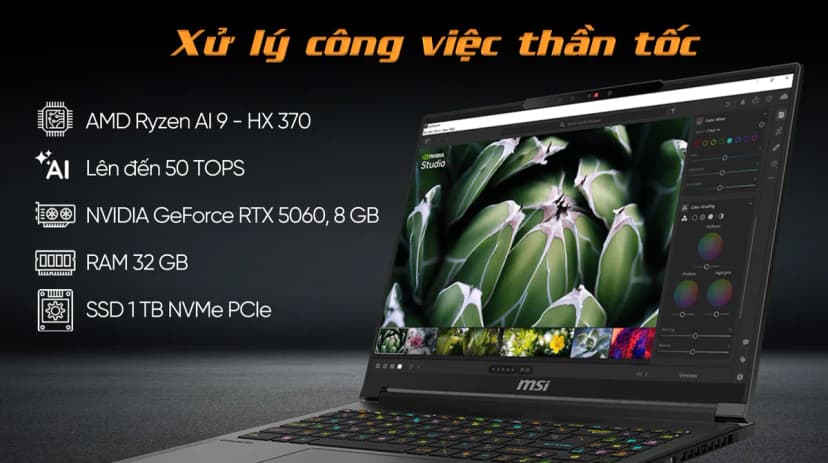 Laptop MSI Gaming Stealth A16 AI+ A3XWFG - 018VN (R9 AI HX 370, 32GB, 1TB, RTX 5060 8GB, QHD+ OLED, 240Hz, Win11) - Giá rẻ nhất hôm nay - Ảnh 3