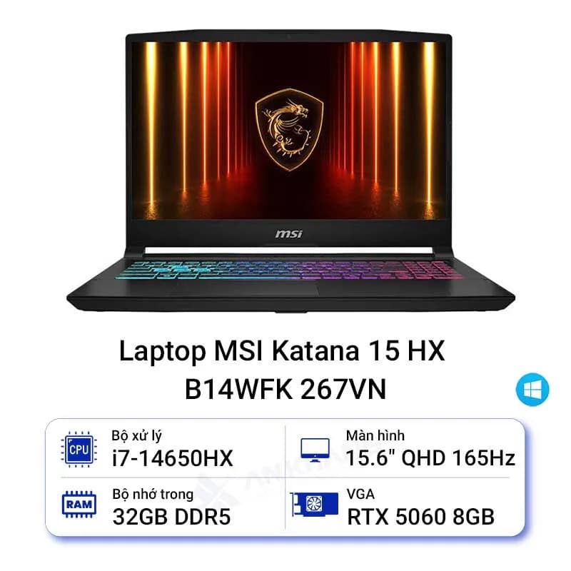 MSI Laptop MSI Gaming Katana 15 HX B14WFK - 267VN (i7 14650HX, 32GB, 512GB, RTX5060 8GB, QHD 165Hz, Win11)