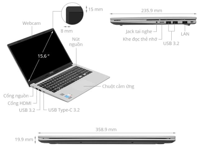 Laptop MSI Modern 15 F13MG - 082VN (i5 1335U, 16GB, 512GB, Full HD, Win11) - 12