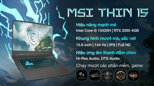 Laptop MSI Gaming Thin 15 B13UCX - 2080VN (i5 13420H, 16GB, 512GB, RTX 2050 4GB, Full HD 144Hz, Win11) - 17