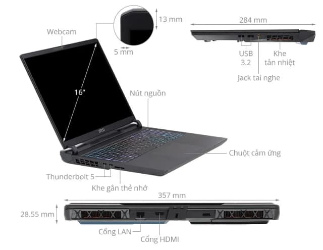 Laptop MSI Gaming Vector 16 HX AI A2XWHG - 010VN_32GB (Ultra 7 255HX, 32GB, 512GB, RTX 5070Ti 12GB, QHD+ 240Hz, Win11) - 19