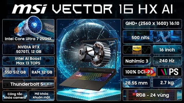 Laptop MSI Gaming Vector 16 HX AI A2XWHG - 010VN_32GB (Ultra 7 255HX, 32GB, 512GB, RTX 5070Ti 12GB, QHD+ 240Hz, Win11) - 8