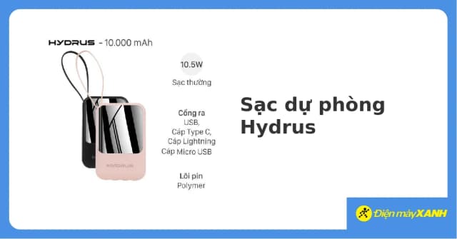 So sánh giá Pin sạc dự phòng Polymer 10000mAh Type C 10.5W Hydrus K108 kèm Cáp Lightning - Type C - Micro rẻ nhất? - Ảnh 9
