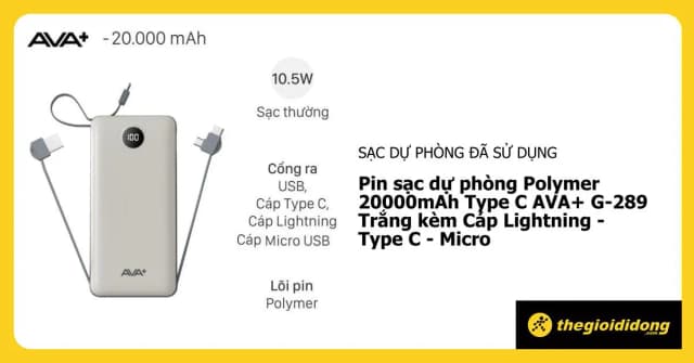 So sánh giá Pin sạc dự phòng Polymer 20000mAh Type C 10.5W AVA+ G-289 kèm Cáp Lightning - Type C - Micro rẻ nhất? - Ảnh 9