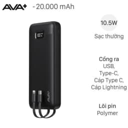 Pin sạc dự phòng Polymer 20000mAh Type C 10.5W AVA+ JP311 kèm cáp Lightning và Type C
