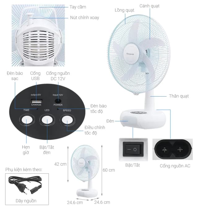 Quạt sạc điện Kangaroo 5 cánh KG745 24W - Ảnh 9