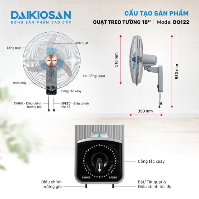 Top 1 so sánh giá Quạt treo tường Daikiosan 6 cánh DQ122 60W - Tìm sản phẩm giá rẻ nhất - Ảnh 3