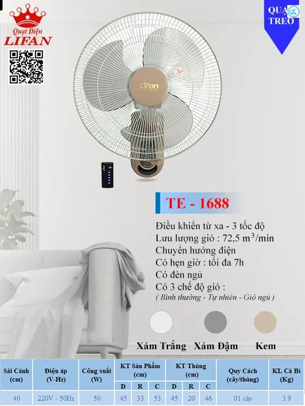 Quạt treo tường Lifan 3 cánh TE-1688 50W - Giá rẻ nhất hôm nay - Ảnh 10