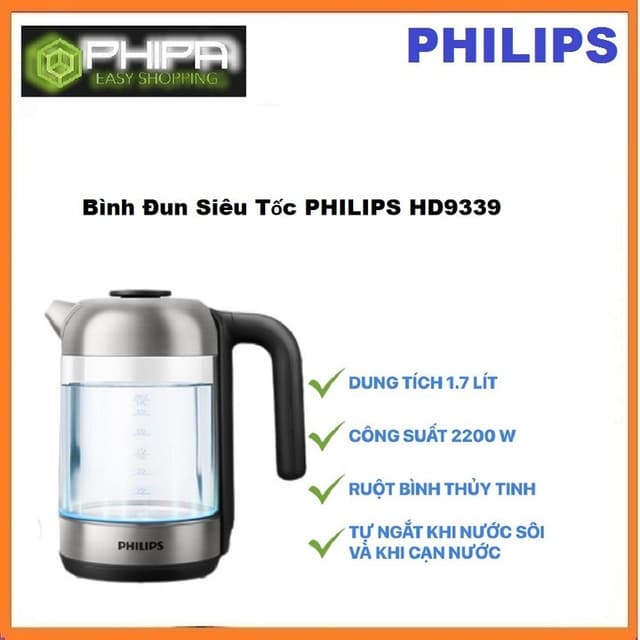 Bình đun siêu tốc thủy tinh PHILIPS 1.7 lít HD9339 /80- Hàng Chính Hãng - Ảnh 8
