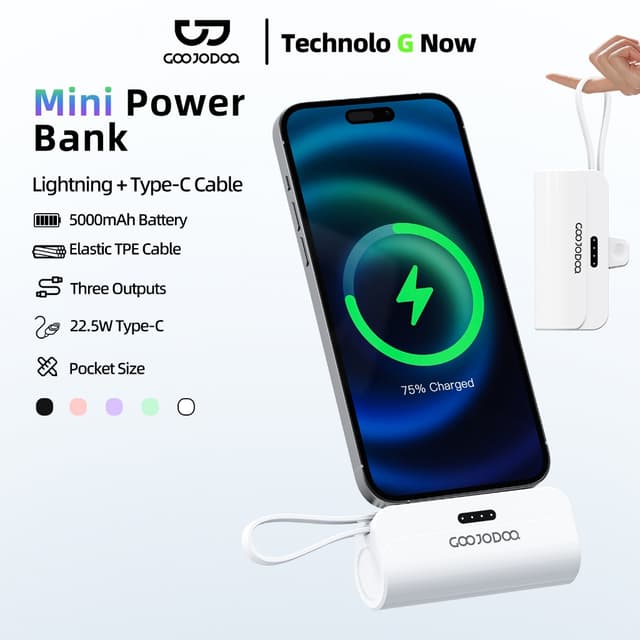 GOOJODOQ 5000mah Mini Power Bank cho iPhone Android Phone Cáp tích hợp Bộ sạc di động nhỏ gọn Lightning & Type C - Ảnh 12