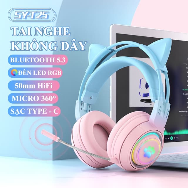 Tai nghe không dây chuyên game SY-T25 kết nối bằng Bluetooth 5.3 có đèn led RGB với màu sắc tai nghe cực đẹp - Ảnh 6