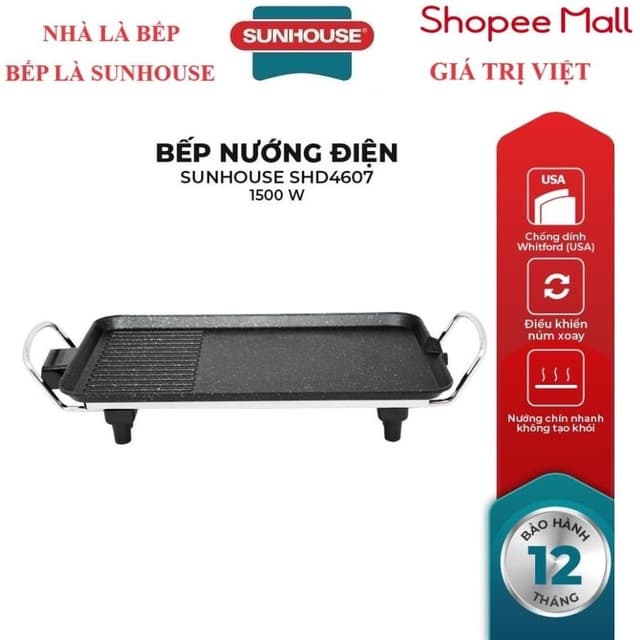 Bếp nướng điện SUNHOUSE SHD4607, Công suất 1500 W, Không sinh ra khói, Bề mặt phủ chống dính 2 lớp siêu bền - Ảnh 6