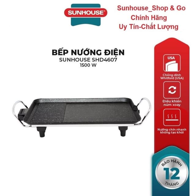 Bếp nướng điện SUNHOUSE SHD4607, Công suất 1500 W, Không sinh ra khói, Bề mặt phủ chống dính 2 lớp siêu bền - Ảnh 3