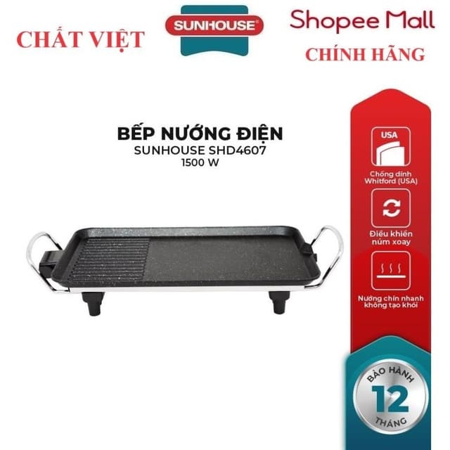 Bếp nướng điện SUNHOUSE SHD4607, Công suất 1500 W, Không sinh ra khói, Bề mặt phủ chống dính 2 lớp siêu bền - Ảnh 2