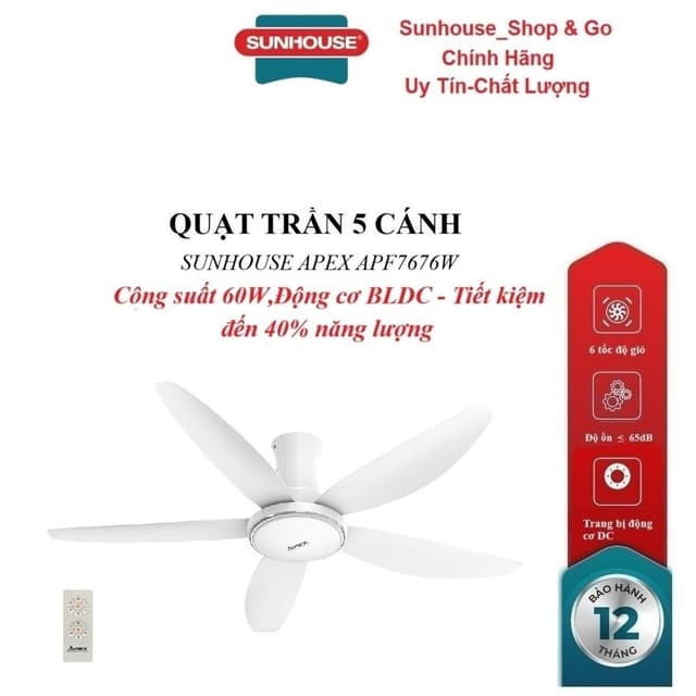 QUẠT TRẦN 5 CÁNH SUNHOUSE APEX APF7676W, Trang bị động cơ DC, 6 tốc độ gió, Công suất 60W, điều khiển từ xa - Ảnh 12