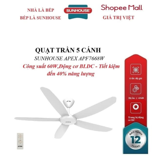 QUẠT TRẦN 5 CÁNH SUNHOUSE APEX APF7668W, Trang bị động cơ DC, Cánh quạt 3D sải rộng, Công suất 60W, điều khiển từ xa - Ảnh 12