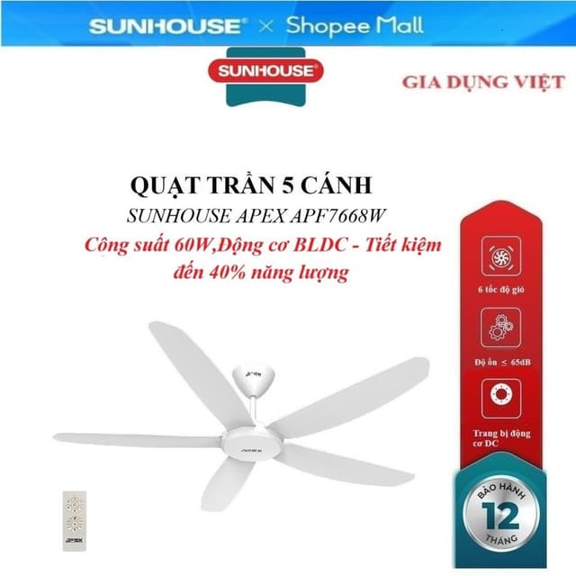 QUẠT TRẦN 5 CÁNH SUNHOUSE APEX APF7668W, Trang bị động cơ DC, Cánh quạt 3D sải rộng, Công suất 60W, điều khiển từ xa - Ảnh 12