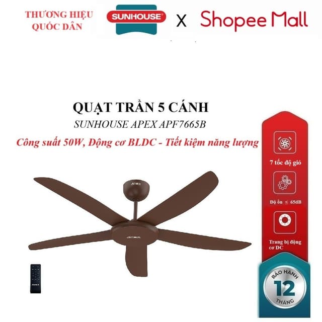 QUẠT TRẦN 5 CÁNH SUNHOUSE APEX APF7665B, Trang bị động cơ DC, 7 tốc độ gió, Công suất 50W, điều khiển từ xa - Ảnh 7