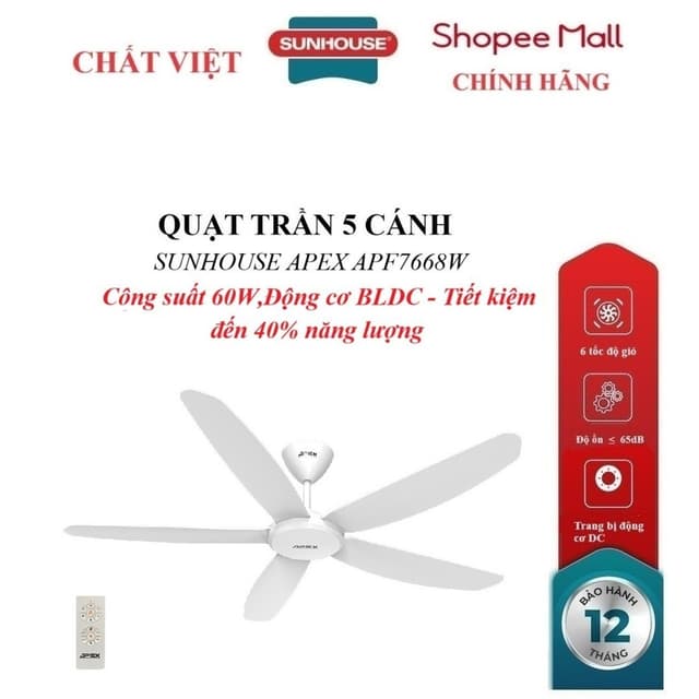 QUẠT TRẦN 5 CÁNH SUNHOUSE APEX APF7668W, Trang bị động cơ DC, Cánh quạt 3D sải rộng, Công suất 60W, điều khiển từ xa - Ảnh 11