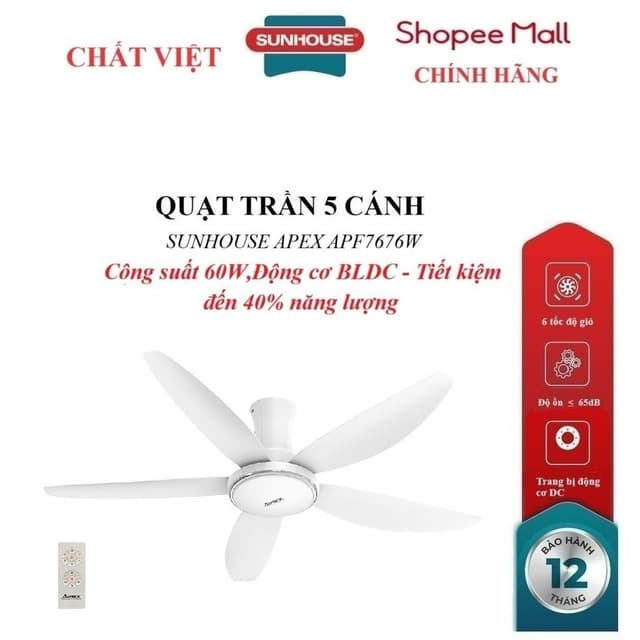 QUẠT TRẦN 5 CÁNH SUNHOUSE APEX APF7676W, Trang bị động cơ DC, 6 tốc độ gió, Công suất 60W, điều khiển từ xa - Ảnh 11