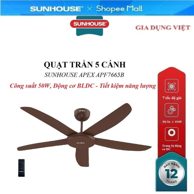 QUẠT TRẦN 5 CÁNH SUNHOUSE APEX APF7665B, Trang bị động cơ DC, 7 tốc độ gió, Công suất 50W, điều khiển từ xa - Ảnh 12