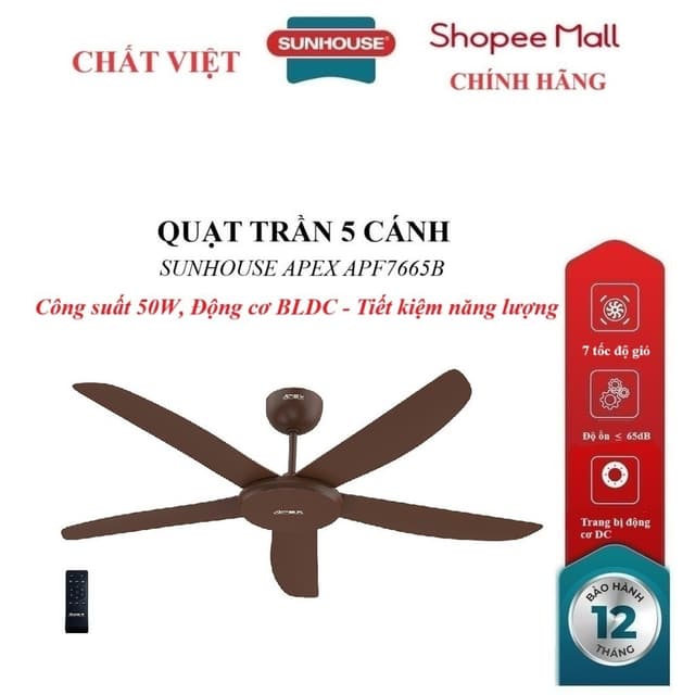 QUẠT TRẦN 5 CÁNH SUNHOUSE APEX APF7665B, Trang bị động cơ DC, 7 tốc độ gió, Công suất 50W, điều khiển từ xa - Ảnh 4