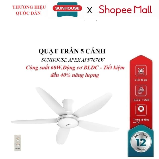 QUẠT TRẦN 5 CÁNH SUNHOUSE APEX APF7676W, Trang bị động cơ DC, 6 tốc độ gió, Công suất 60W, điều khiển từ xa - Ảnh 7
