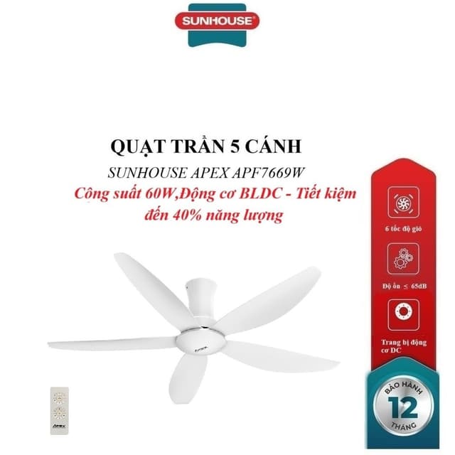 QUẠT TRẦN 5 CÁNH SUNHOUSE APEX APF7669W, Trang bị động cơ DC, 6 tốc độ gió, Công suất 60W, điều khiển từ xa - Ảnh 6