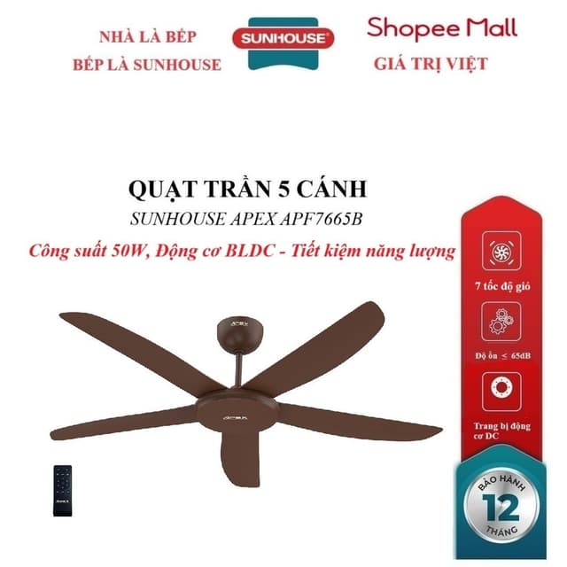 QUẠT TRẦN 5 CÁNH SUNHOUSE APEX APF7665B, Trang bị động cơ DC, 7 tốc độ gió, Công suất 50W, điều khiển từ xa - Ảnh 12