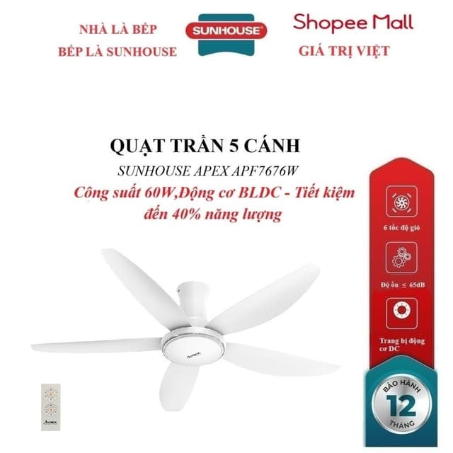 QUẠT TRẦN 5 CÁNH SUNHOUSE APEX APF7676W, Trang bị động cơ DC, 6 tốc độ gió, Công suất 60W, điều khiển từ xa - Ảnh 7