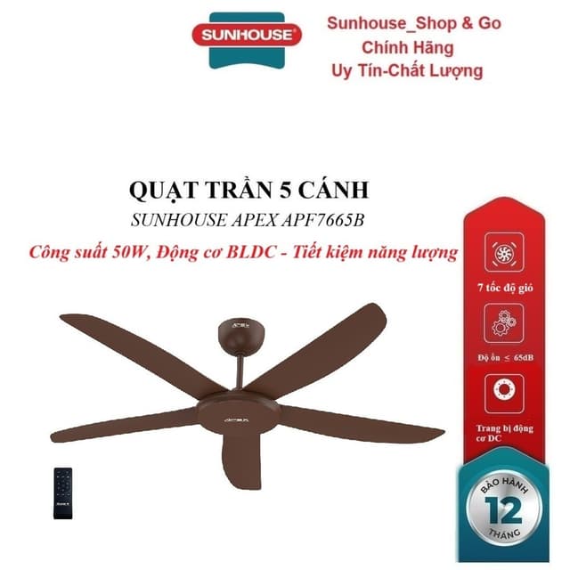 QUẠT TRẦN 5 CÁNH SUNHOUSE APEX APF7665B, Trang bị động cơ DC, 7 tốc độ gió, Công suất 50W, điều khiển từ xa - Ảnh 6